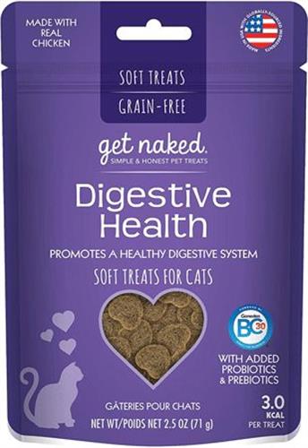 Purple packaging of 'get naked' digestive health soft treats for cats with heart-shaped treats image.