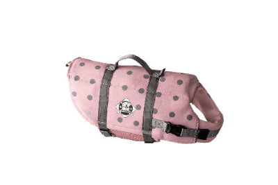 Pink dog life jacket with gray polka dots on a white background