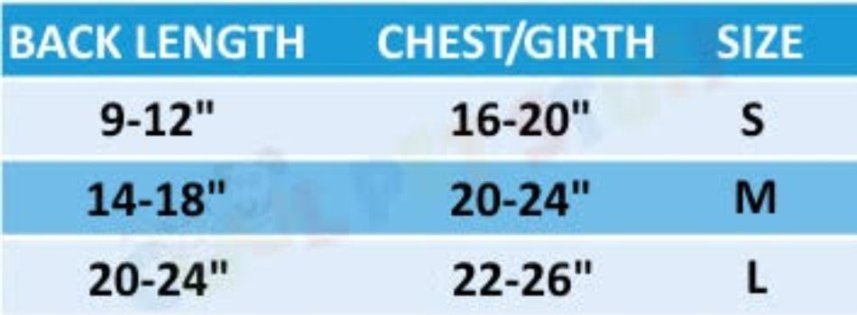 Pet's First Dog Harness Size Chart
