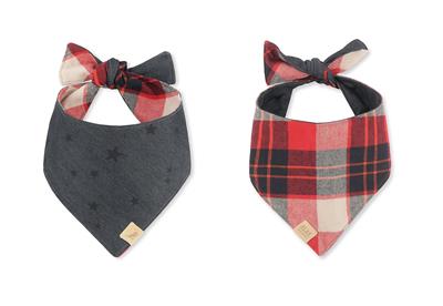 Two plaid dog bandanas with bow ties on a white background