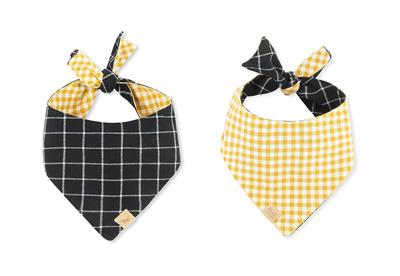 Two dog bandanas with checkered patterns on a white background
