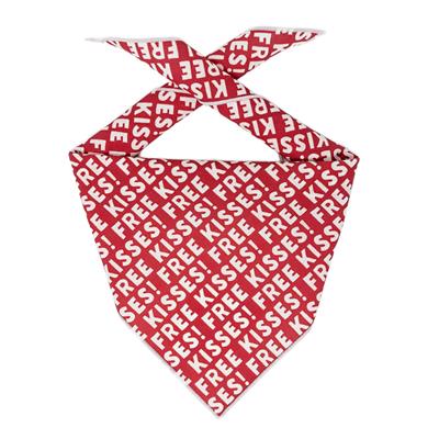 Red bandana with 'Free Kisses' text on a white background