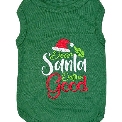 Green tank top with Christmas-themed text and graphics on a white background