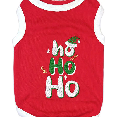 Red pet tank top with 'ho ho ho' text and Santa hat graphic on a white background