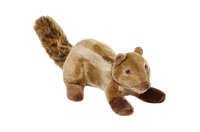 A small plush dog toy resembling a chipmunk with brown, beige, and black coloring, featuring a soft fabric body and embroidered details.