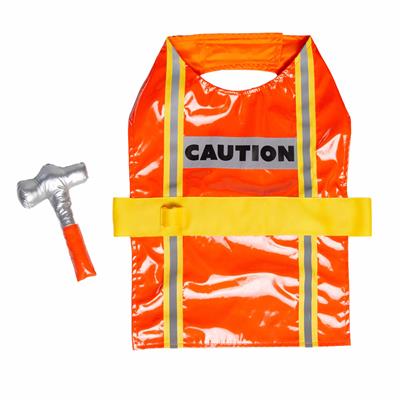 Orange safety vest pet Construction Worker costume with 'CAUTION' label and a hammer on a white background