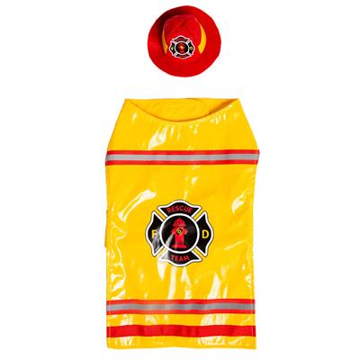 Dog costume with yellow fireman outfit and red helmet on a white background