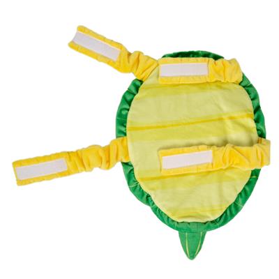 Yellow and green pet turtle costume underside view with a white strap on a white background