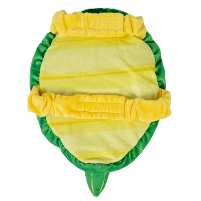 Yellow and green pet costume shaped like a turtle on a white background