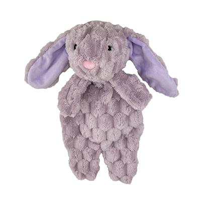 12" Plush rabbit dog toy with purple ears on a white background
