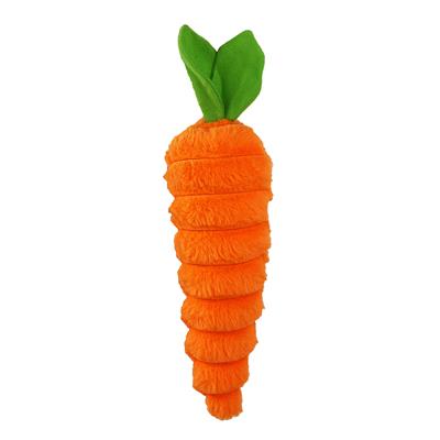 Carrot-shaped dog toy with green leaves on a white background