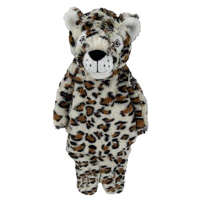 A 19" plush, floppy leopard dog toy with a stuffed head and body featuring squeakers and crinkle paper.
