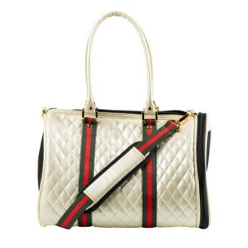 Petote Ivory Quilted JL Duffle Pet Tote Carrier with Red & Green Stripe