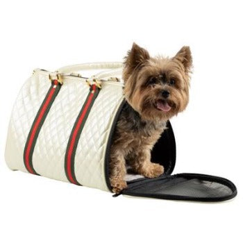 Petote Ivory Quilted JL Duffle Pet Tote Carrier with Red & Green Stripe