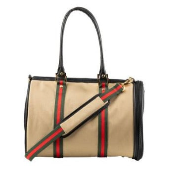 Petote Khaki JL Duffle Pet Tote Carrier with Red & Green Stripe