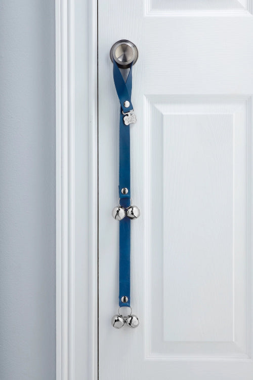Oceanside Blue PoochieBells Premium Full Grain Leather Dog Doorbells hanging on doorknob on white door