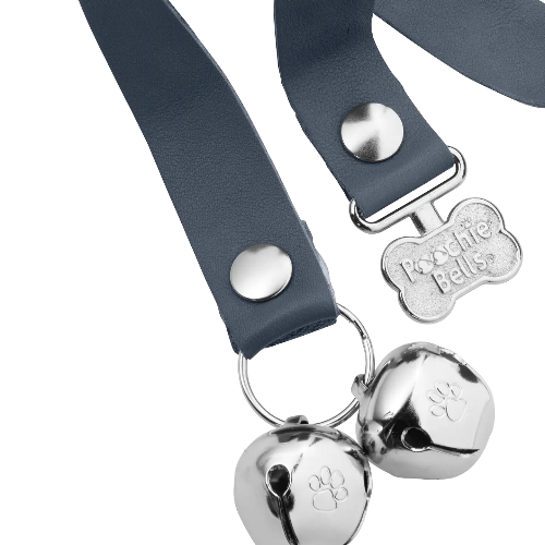 Rolling Fog Gray PoochieBells Premium Full Grain Leather Dog Doorbells on white background.