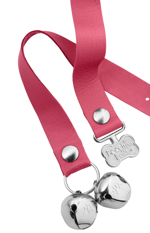 French Rose Pink PoochieBells Premium Full Grain Leather Dog Doorbells on white background