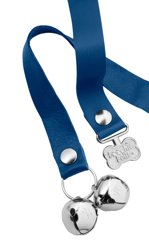 Oceanside Blue PoochieBells Premium Full Grain Leather Dog Doorbells on white background.