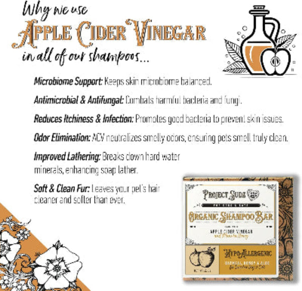 Promotional graphic for Project Sudz Organic Shampoo Bar featuring apple cider vinegar scent. The image includes text detailing the benefits of apple cider vinegar for pets (microbiome support, antimicrobial, antifungal, reduces itchiness & infection, odor elimination, improved lathering, soft & clean fur) alongside an illustration of a bottle and a clean product box showing the brand and scent.