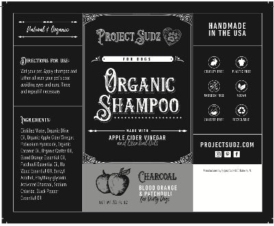 Label for Project Sudz organic dog shampoo with black and white design.