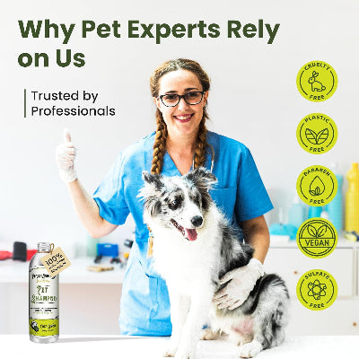A woman in blue scrubs stands behind a black-and-white dog on a white table, with a bottle of pet shampoo in the foreground and green circular badges on the right reading Cruelty Free, Plastic Free, Parasite Free, Vegan, and Gluten Free. Large text at the top says 'Why Pet Experts Rely on Us' and 'Trusted by Professionals.