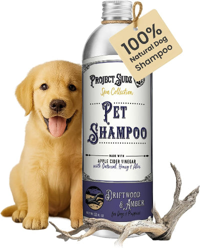 A golden retriever puppy sitting next to a silver bottle of Project Sudz pet shampoo with a white and purple label, set against a plain white background.