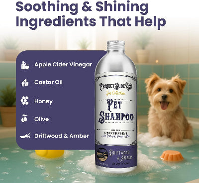 Pet shampoo bottle with a dog in a bathtub, featuring soothing ingredients.