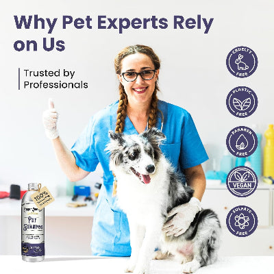 Woman in blue scrubs with a dog, holding a bottle of pet shampoo, with text and icons about pet shampoo benefits.