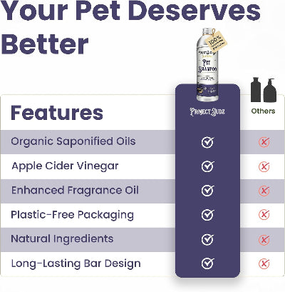 A promotional comparison graphic for Project Sudz Pet Shampoo. The image features a central dark purple column highlighting Project Stone's features (organic saponified oils, apple cider vinegar, enhanced fragrance oil, plastic-free packaging, natural ingredients, and long-lasting bar design) with checkmarks, compared to 'Others' which have red X marks.