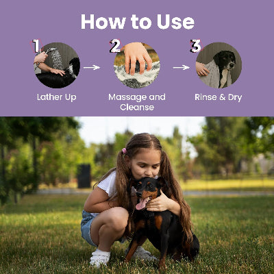 Instructional graphic showing how to use a pet shampoo or bath product, with three numbered steps on a purple background: lather up, massage and cleanse, and rinse & dry. Below the graphic, a young girl crouches outdoors on grass while holding and kissing a black and tan dog.
