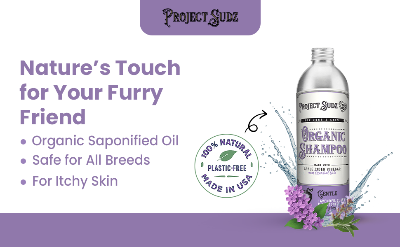 Project Sudz Organic Shampoo bottle for pets, shown on a white and purple graphic background with text highlighting its benefits for itchy pets.