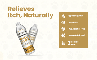 Promotional graphic for a bottle of organic shampoo with text reading 'Relieves Itch, Naturally' and a feature list including hypoallergenic, unscented, 100% plastic-free, honey & oatmeal, and apple cider vinegar. The bottle label is visible, and two bottles are shown on a light beige background.