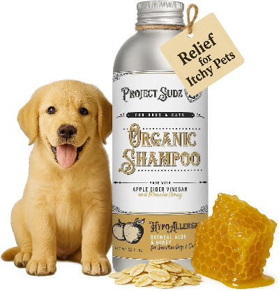Project Sudz Organic Shampoo bottle for dogs and cats, shown with a golden retriever puppy, honeycomb, honey drops, and oat flakes on a white background. A hanging tag reads 'Relief for Itchy Pets'.