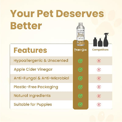 Promotional infographic for a pet cleaner showing a bottle labeled 'Project Sudz Organic Pet Shampoo' centered above a comparison table. The table lists features such as hypoallergenic and unscented, apple cider vinegar, anti-fungal and anti-microbial, plastic-free packaging, natural ingredients, and suitability for puppies, with checkmarks under the product and crosses under competitors.