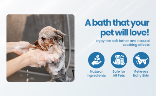 Promotional graphic for a pet shampoo product showing a person washing a dog's head with soapy lather. The left side features a photo of the hands and dog, while the right side has marketing text reading 'A bath that your pet will love!' and three blue icons labeled Natural Ingredients, Safe for All Pets, and Relieves Itchy Skin.