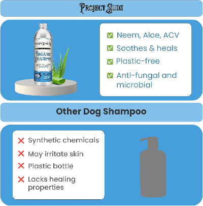 An infographic for Project Sudz Organic Shampoo for dogs, showing a bottle of the product on a white pedestal next to an aloe vera leaf on a blue background, with text highlighting its benefits. Below, a comparison section labeled 'Other Dog Shampoo' lists drawbacks with red X marks.