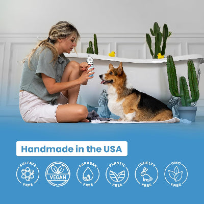 Woman sitting on a bed with a dog, holding a bottle, and text about product features.