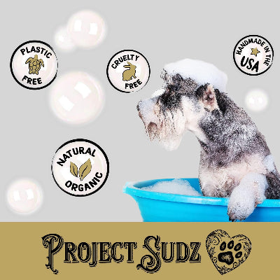A gray and white Schnauzer dog sitting in a blue tub of soapy water, with white foam on its head. The image includes several circular badges reading 'Plastic Free,' 'Cruelty Free,' 'Natural Organic,' and 'Handmade in the USA,' plus a tan banner at the bottom with the brand name 'Project Sudz' and a paw-print heart logo.