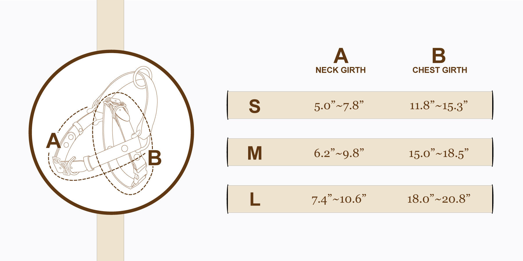 Measurement chart for neck and chest girths with size options S, M, and L on a beige background.