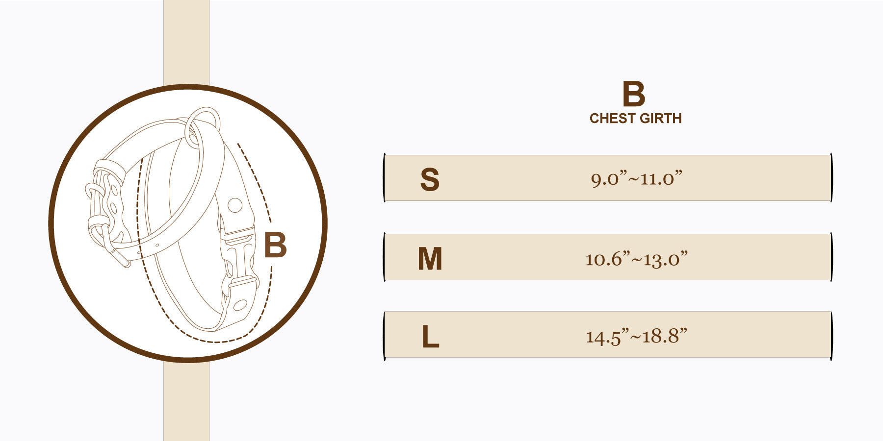 Measurement chart for chest girth with size options S, M, and L on a beige background.