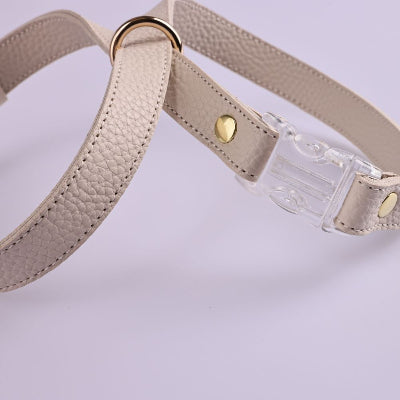 Beige leather dog harness with gold hardware on a light gray background