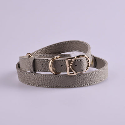 Gray leather dog harness with a gold buckle on a light gray background