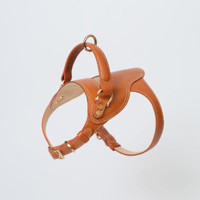 Brown leather dog harness on a light gray background