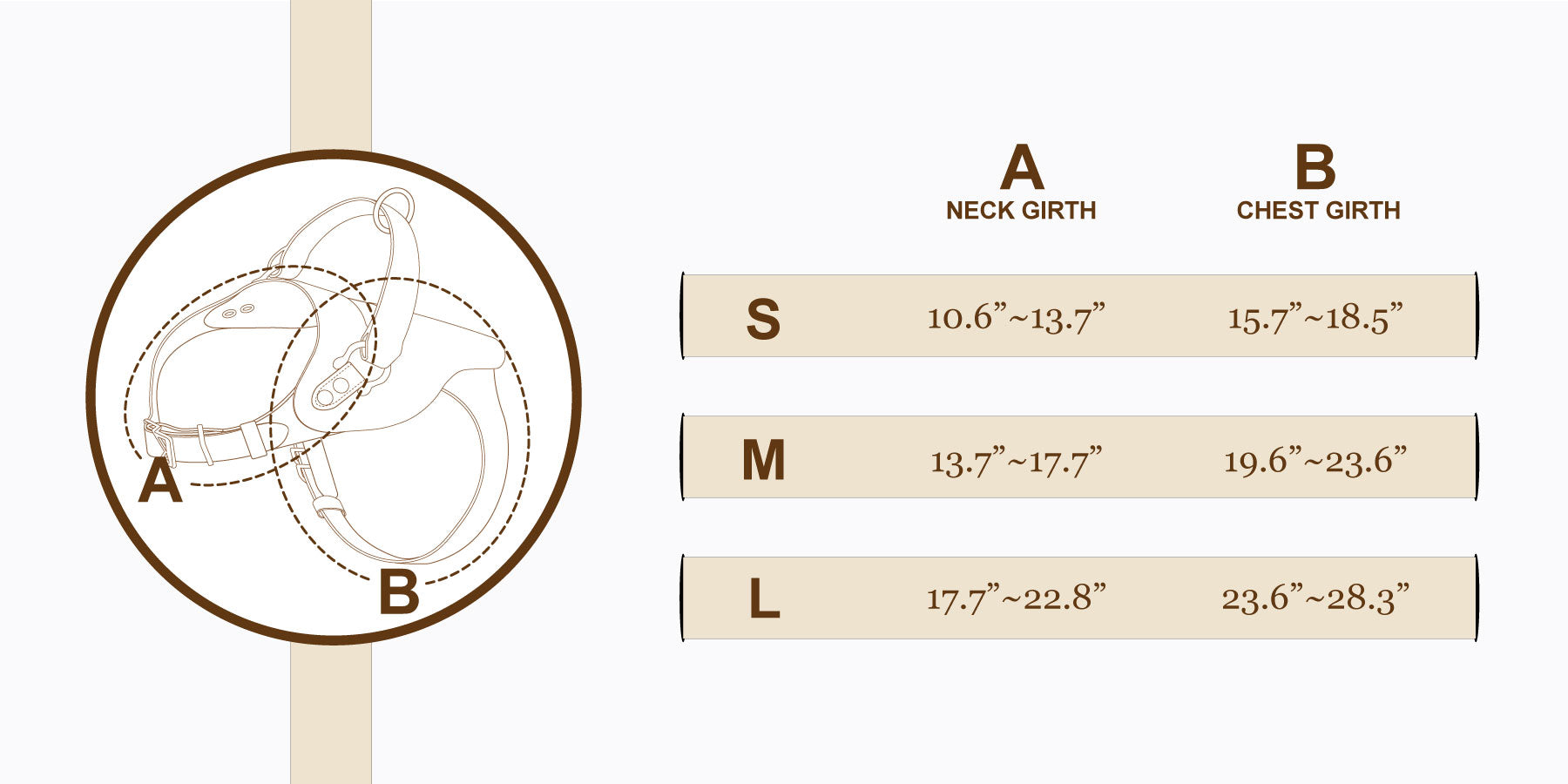 Measurement chart for neck and chest girths with size options S, M, and L on a beige background.