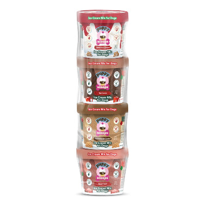 Stack of three Puppie Love ice cream containers on a white background