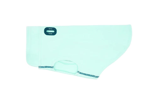 A mint green pet fleece pullover with a  small dark green silicone leash opening, shown on a plain white background.