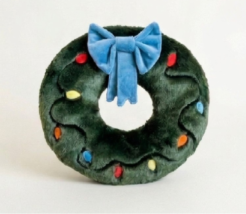 Christmas wreath dog toy featuring blue bow and red, blue, yellow & orange lights