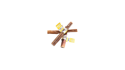 Three Bully Stick dog chew treats with packaging on a white background