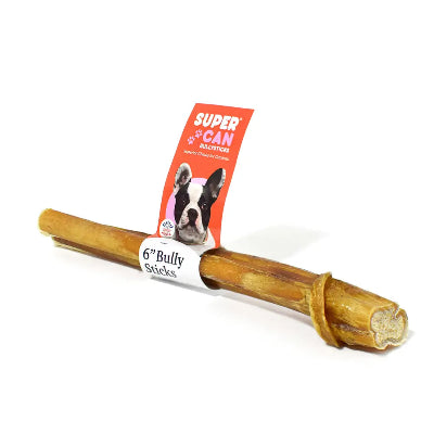 Dog chew toy with packaging labeled 'Super Bully Sticks' on a white background